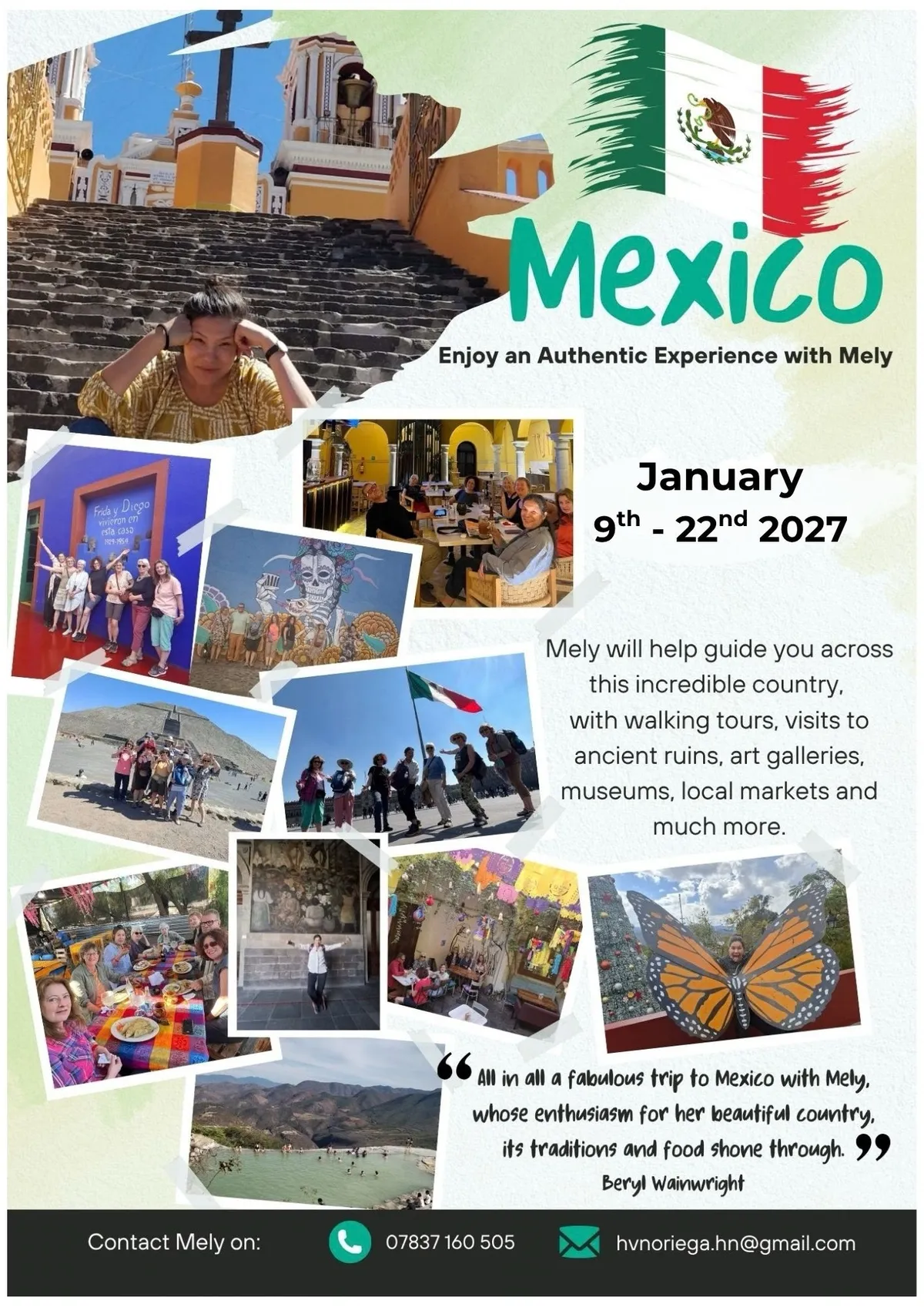 Mexico Lindo 2027 flyer: Mely on the steps of a church in Cholula, with group photos from Frida Kahlo's house, Teotihuacán, markets and shared meals, dated 9–22 January 2027