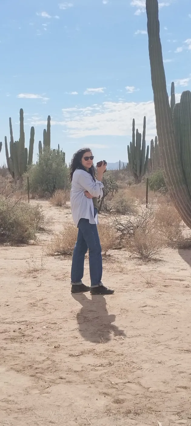Mely among tall saguaro cacti in a desert landscape